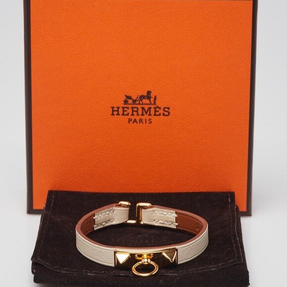 Hermes Craie Leather and Gold Plated Mini Rivale Bracelet Size T1 - Picture 2 of 7